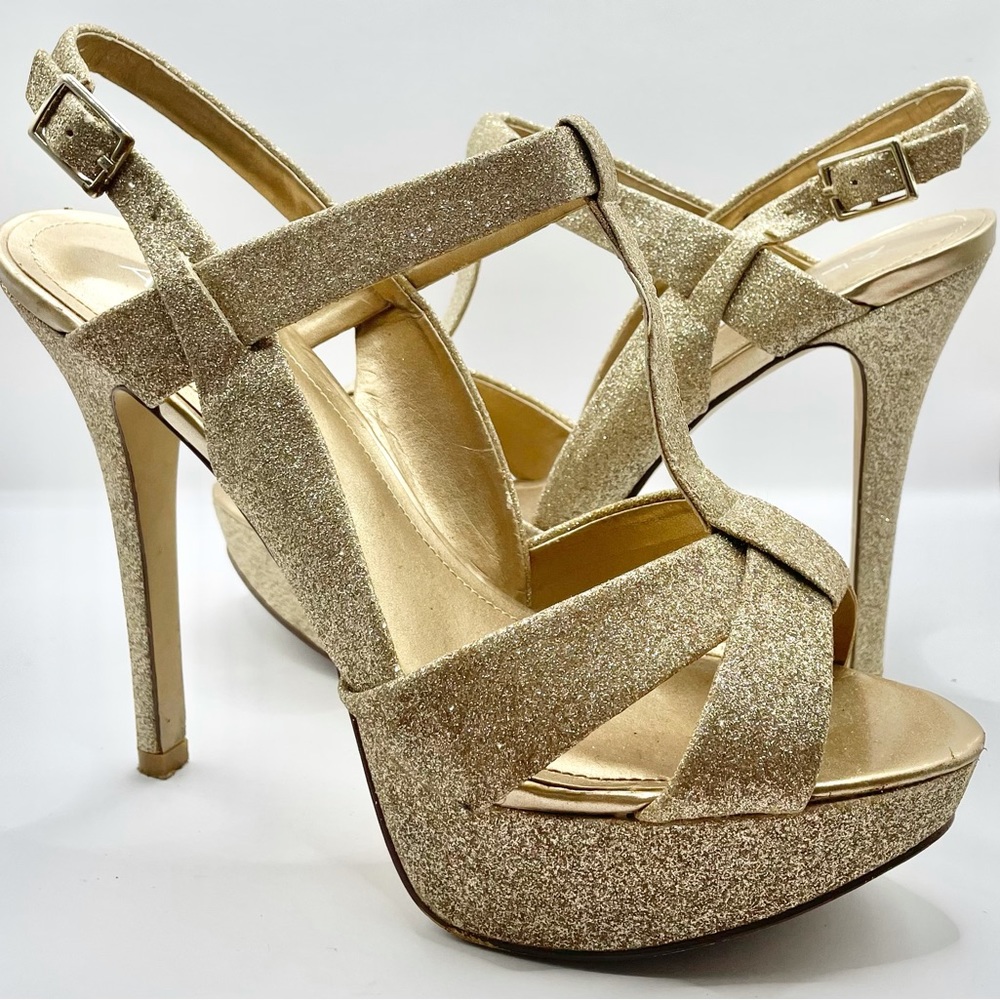 Aldo womens size 39 gold glitter platform heels sandals strappy sexy high glam